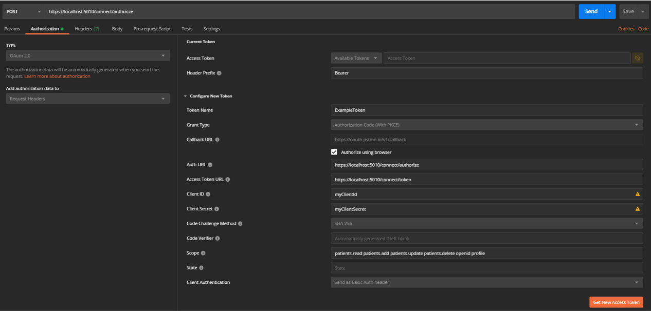 example postman client for auth